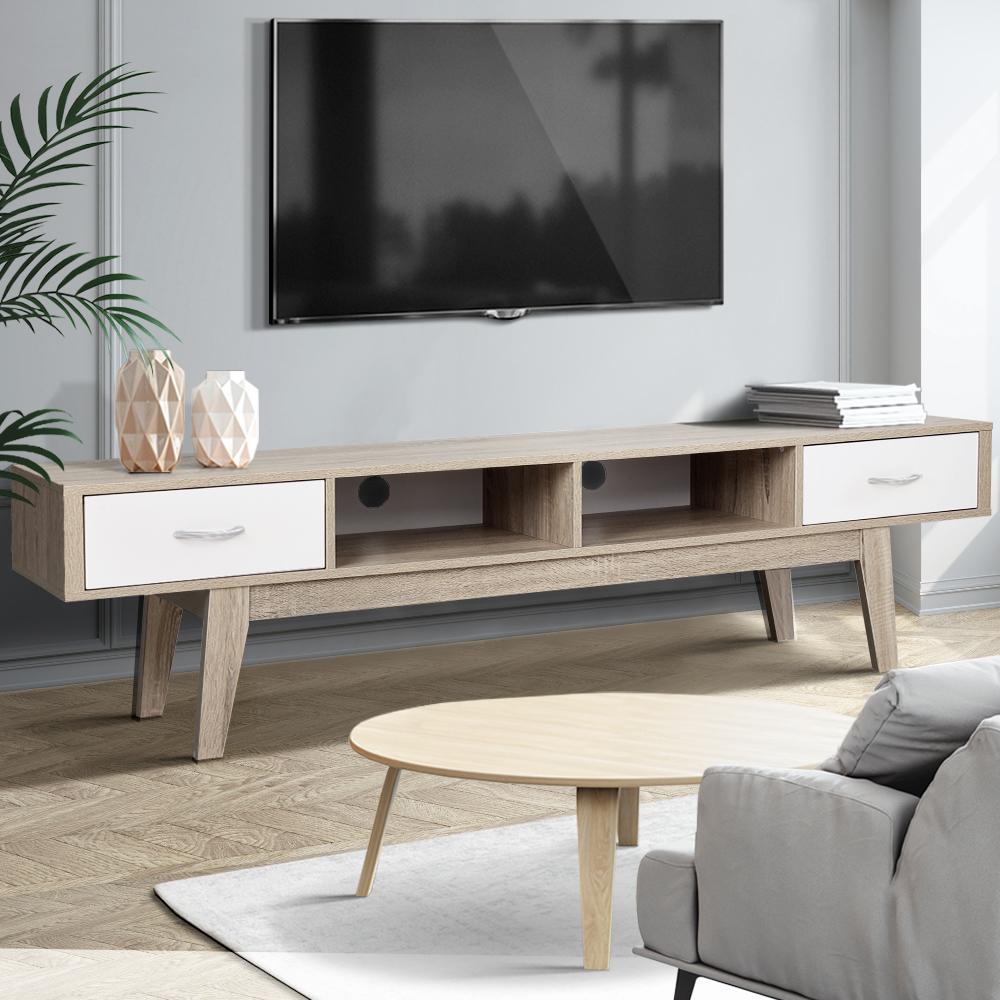 Artiss TV Cabinet Entertainment Unit in oak and white, featuring two drawers and open shelves, designed in Scandinavian style.