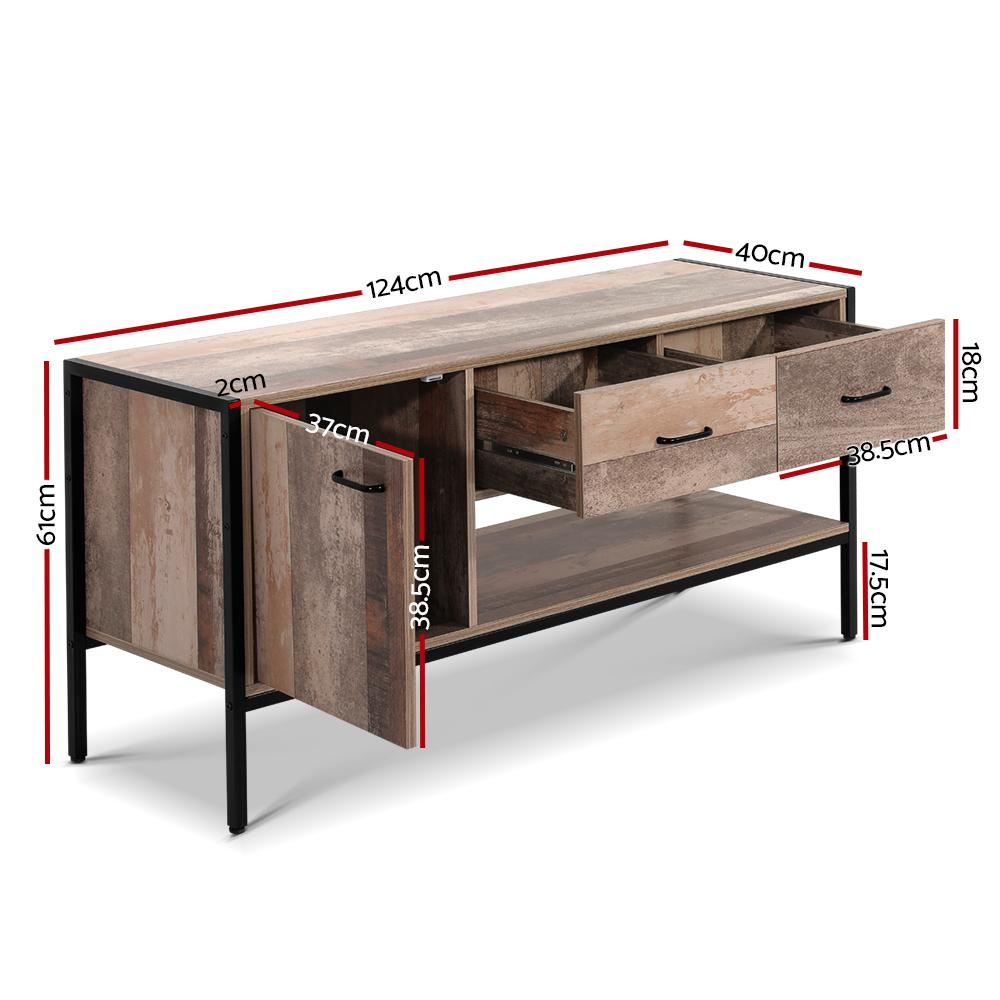 Artiss TV Stand Entertainment Unit featuring natural timber veneer finish and sturdy metal legs, showcasing two drawers and an open shelf.