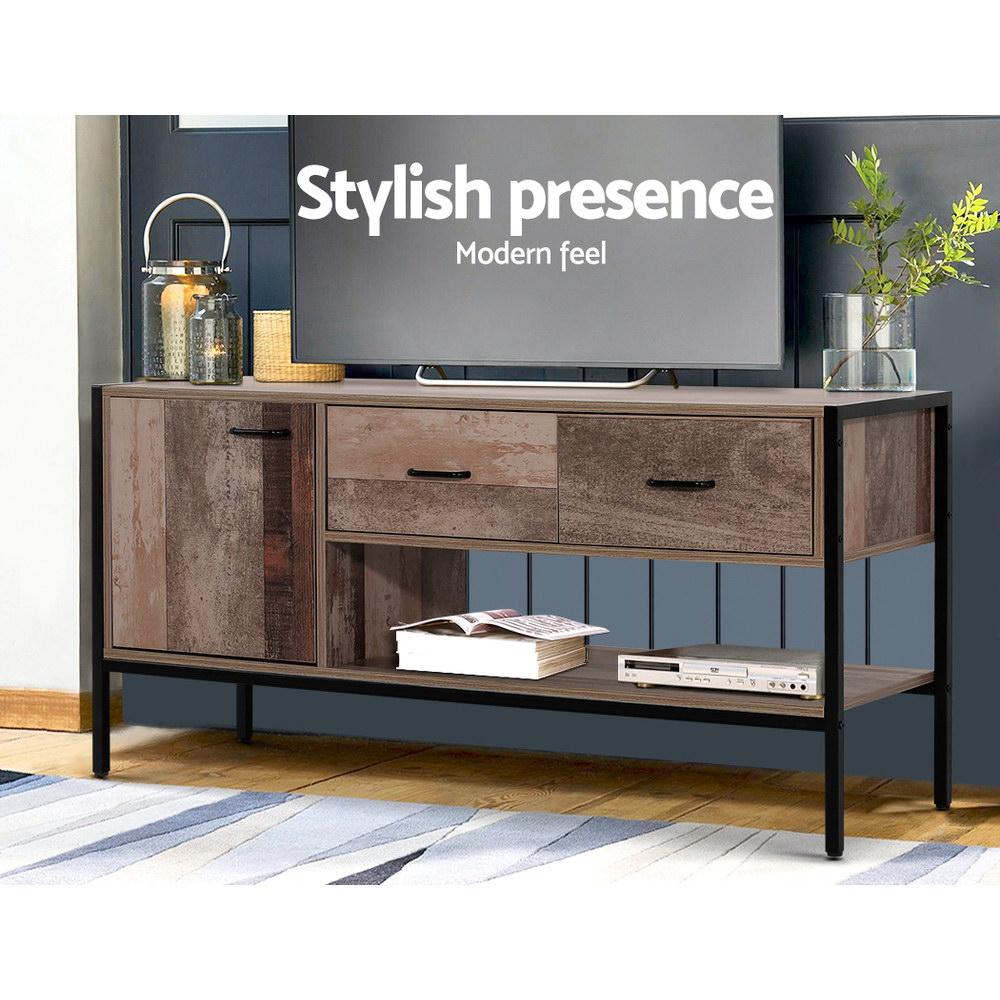 Artiss TV Stand Entertainment Unit featuring natural timber veneer finish and sturdy metal legs, showcasing two drawers and an open shelf.