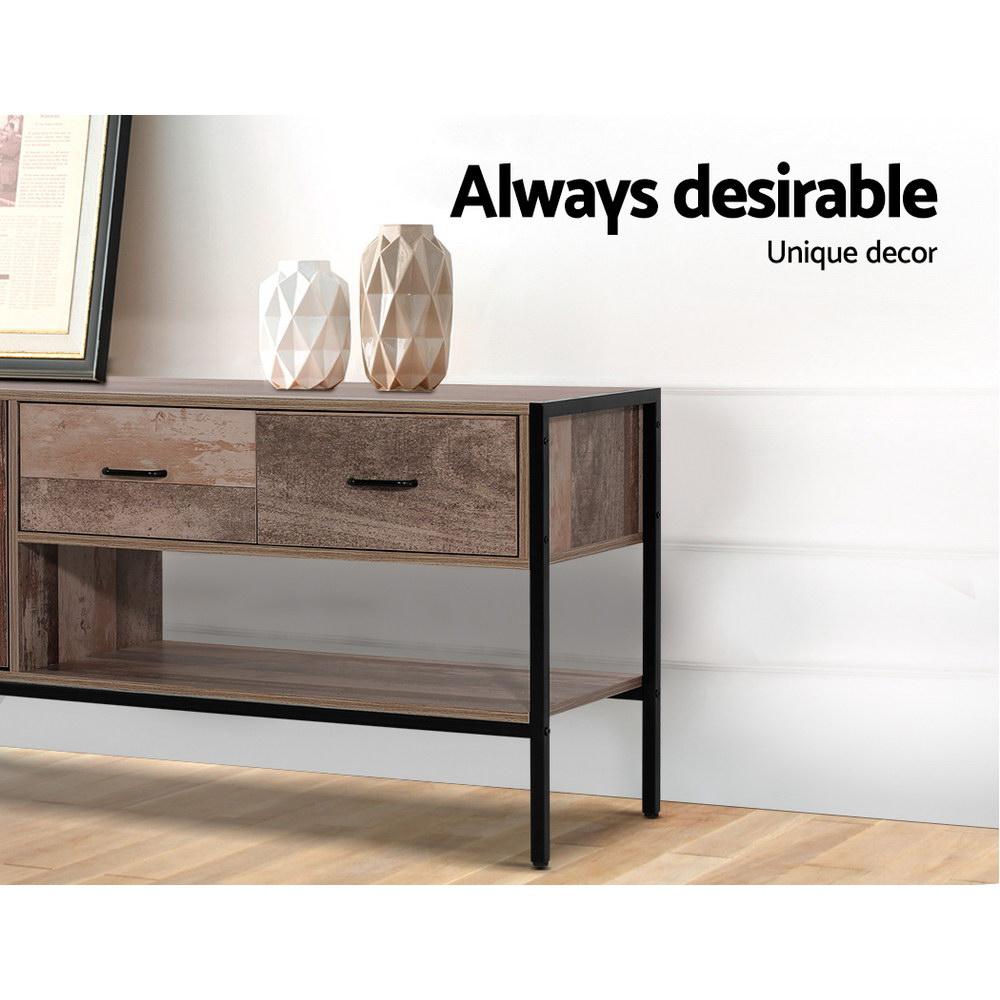 Artiss TV Stand Entertainment Unit featuring natural timber veneer finish and sturdy metal legs, showcasing two drawers and an open shelf.