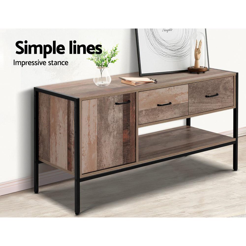 Artiss TV Stand Entertainment Unit featuring natural timber veneer finish and sturdy metal legs, showcasing two drawers and an open shelf.