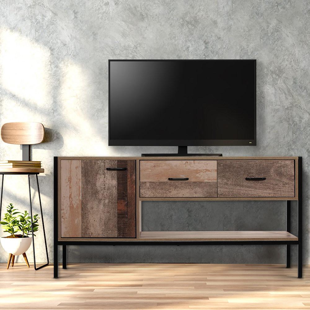 Artiss TV Stand Entertainment Unit featuring natural timber veneer finish and sturdy metal legs, showcasing two drawers and an open shelf.