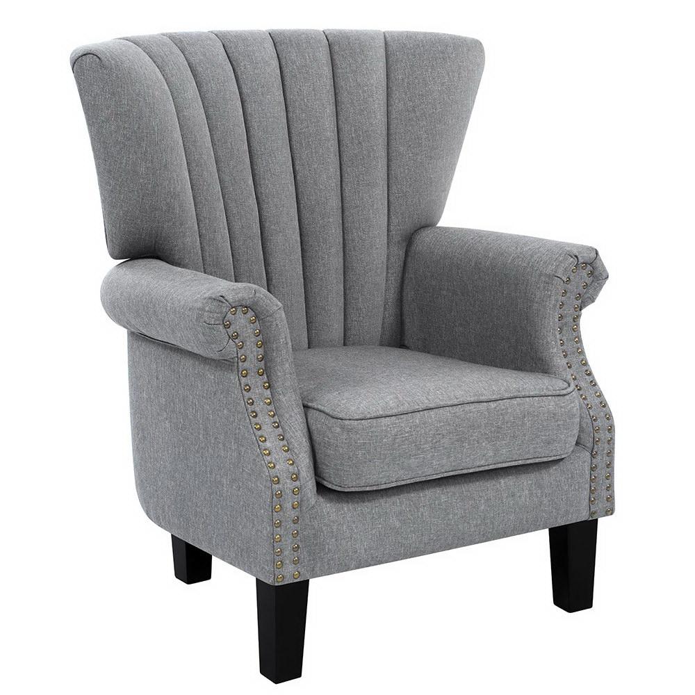 Artiss Upholstered Fabric Armchair in grey with waterfall design and button studs, featuring rubber wood legs and anti-scratch feet pads.