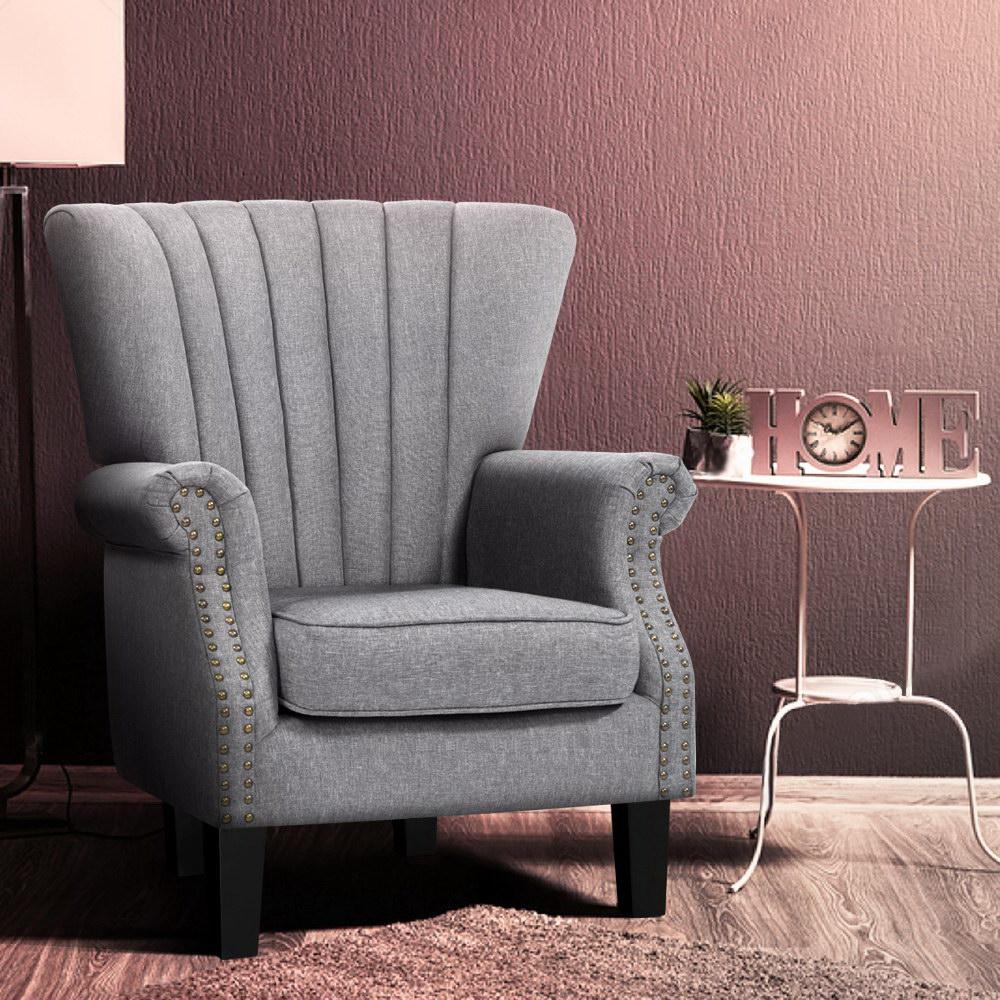 Artiss Upholstered Fabric Armchair in grey with waterfall design and button studs, featuring rubber wood legs and anti-scratch feet pads.