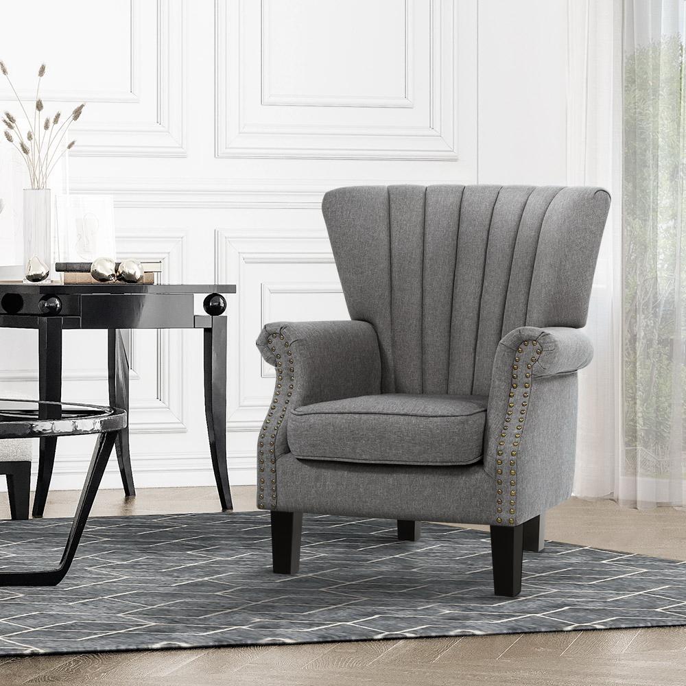 Artiss Upholstered Fabric Armchair in grey with waterfall design and button studs, featuring rubber wood legs and anti-scratch feet pads.