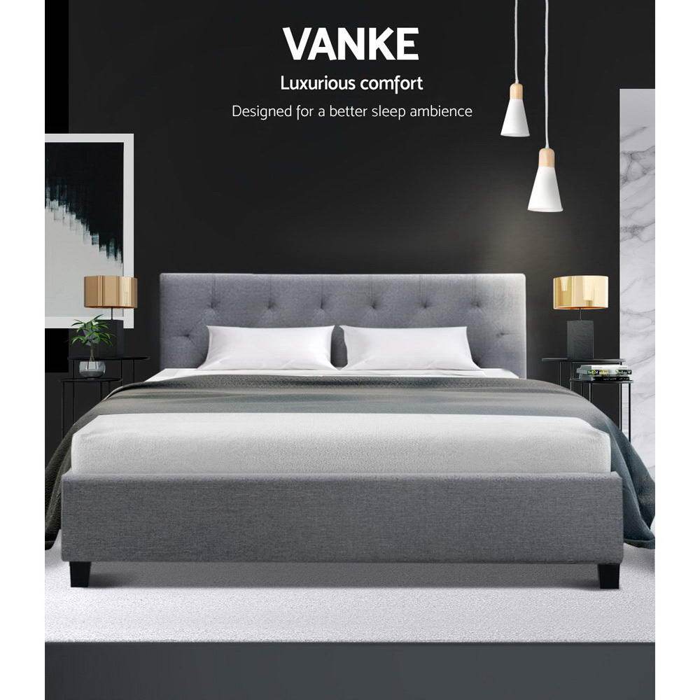 Artiss Vanke Grey Double Bed Frame with tufted-button headboard and solid wooden slats, showcasing modern design and quality faux linen fabric.