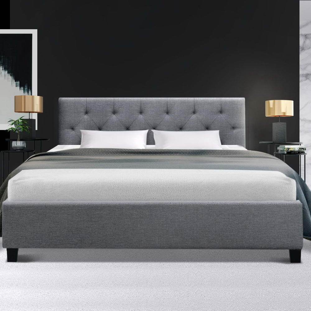 Artiss Vanke Grey Double Bed Frame with tufted-button headboard and solid wooden slats, showcasing modern design and quality faux linen fabric.