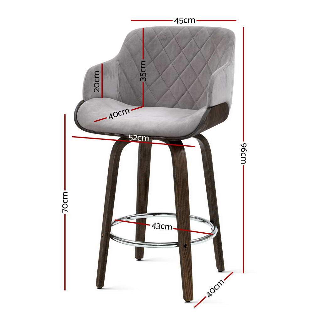 Artiss Velvet Bar Stool in Grey with Wood Frame, featuring a plush velvet seat, contoured backrest, and chrome footrest.