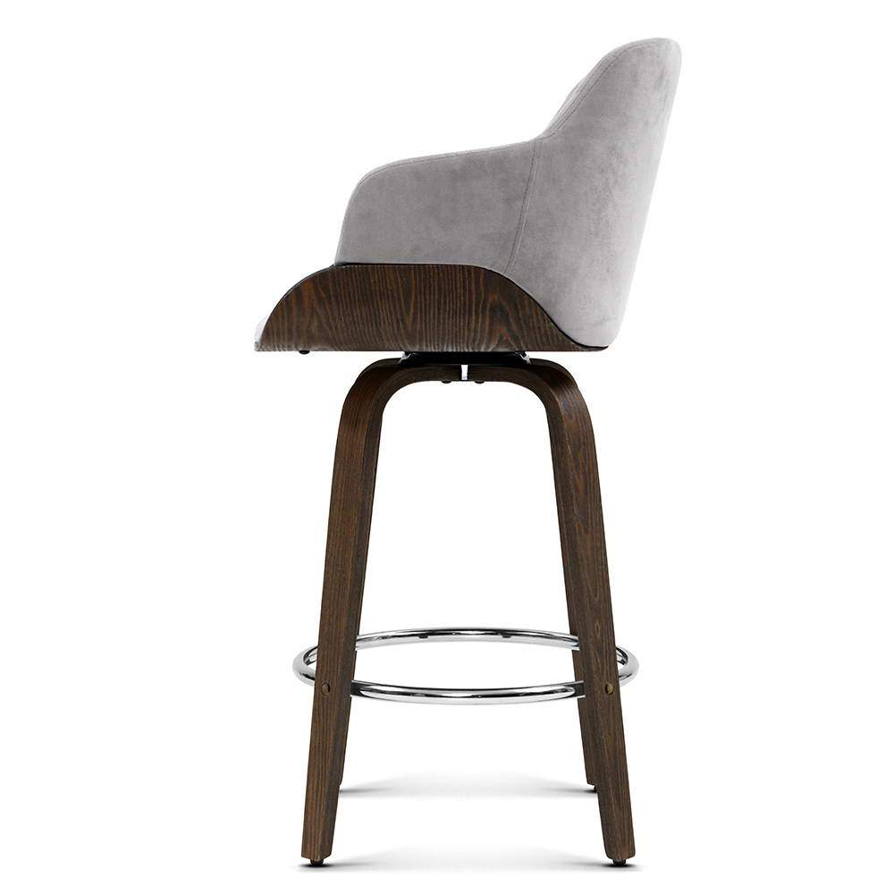 Artiss Velvet Bar Stool in Grey with Wood Frame, featuring a plush velvet seat, contoured backrest, and chrome footrest.