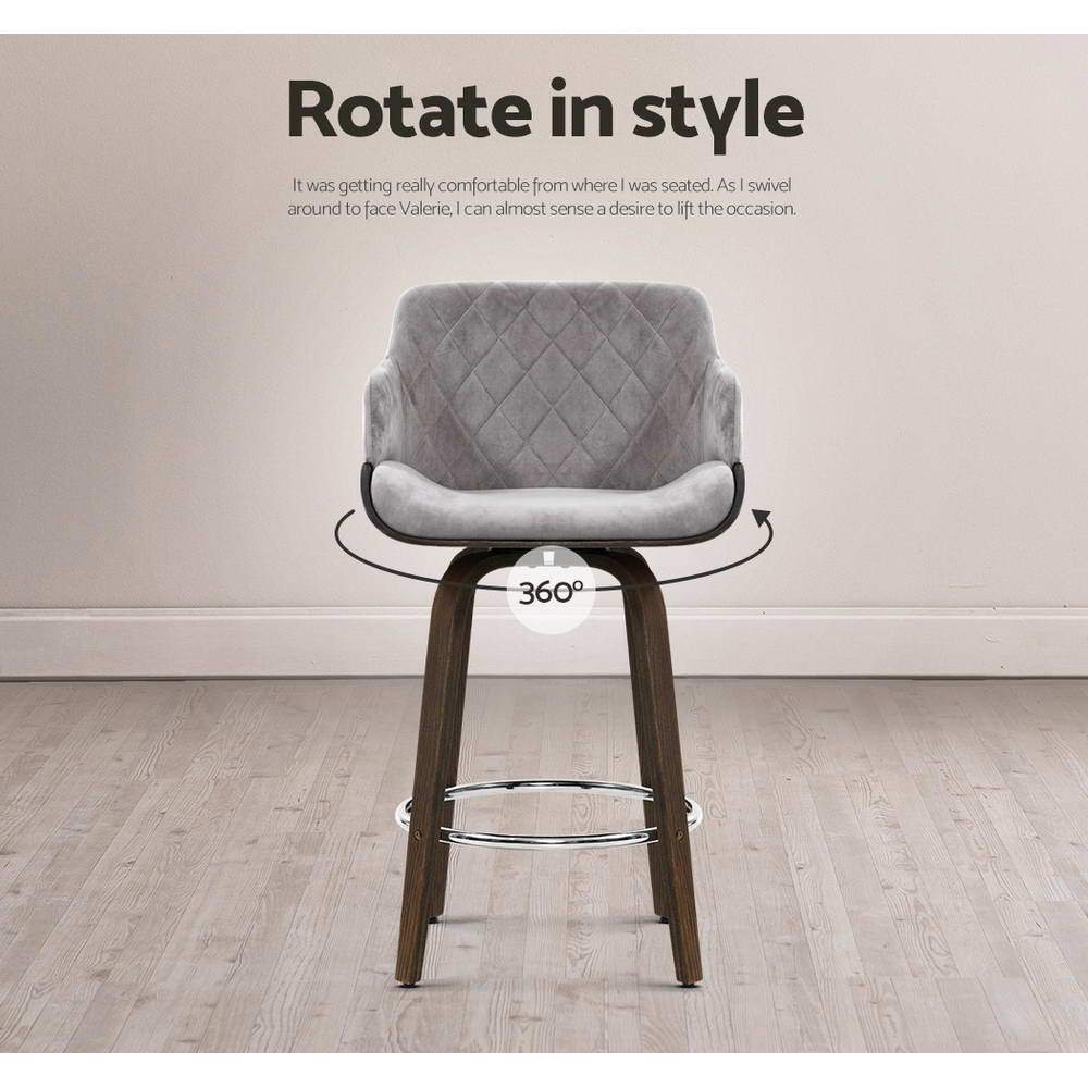 Artiss Velvet Bar Stool in Grey with Wood Frame, featuring a plush velvet seat, contoured backrest, and chrome footrest.