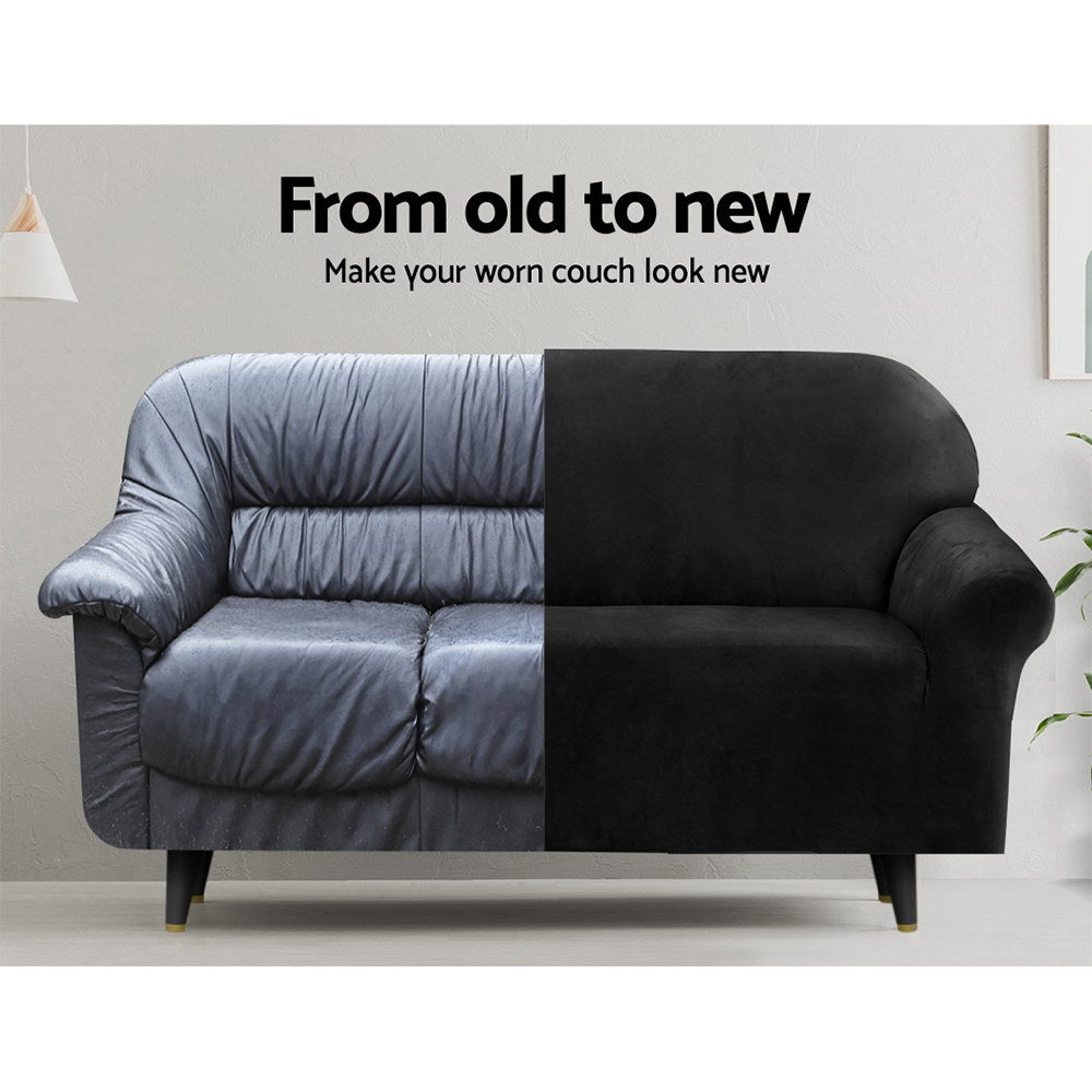 Artiss Velvet Sofa Cover in black, showcasing its plush texture and stretchable design, perfect for 1-seater sofas.