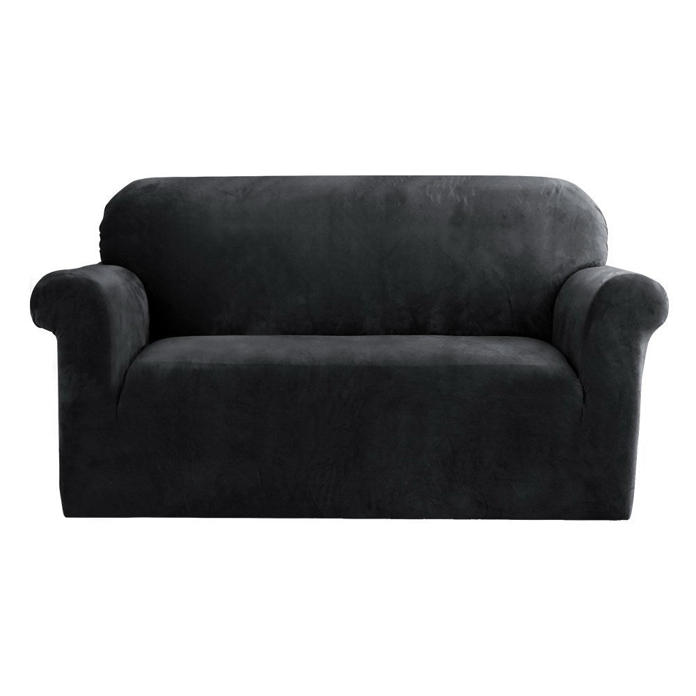 Artiss Velvet Sofa Cover in black, showcasing its plush texture and stretchable design, perfect for 2-seater couches.