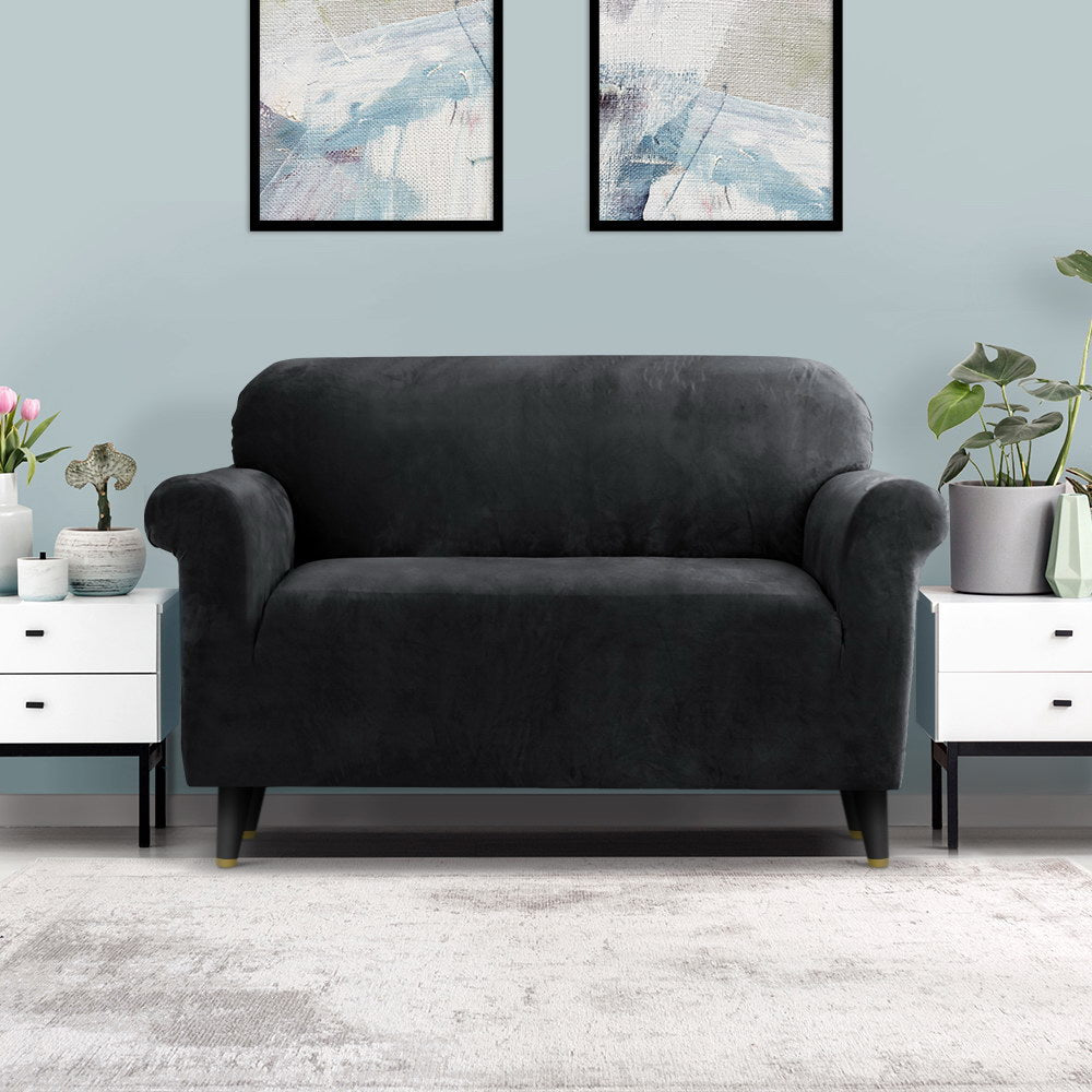 Artiss Velvet Sofa Cover in black, showcasing its plush texture and stretchable design, perfect for 2-seater couches.