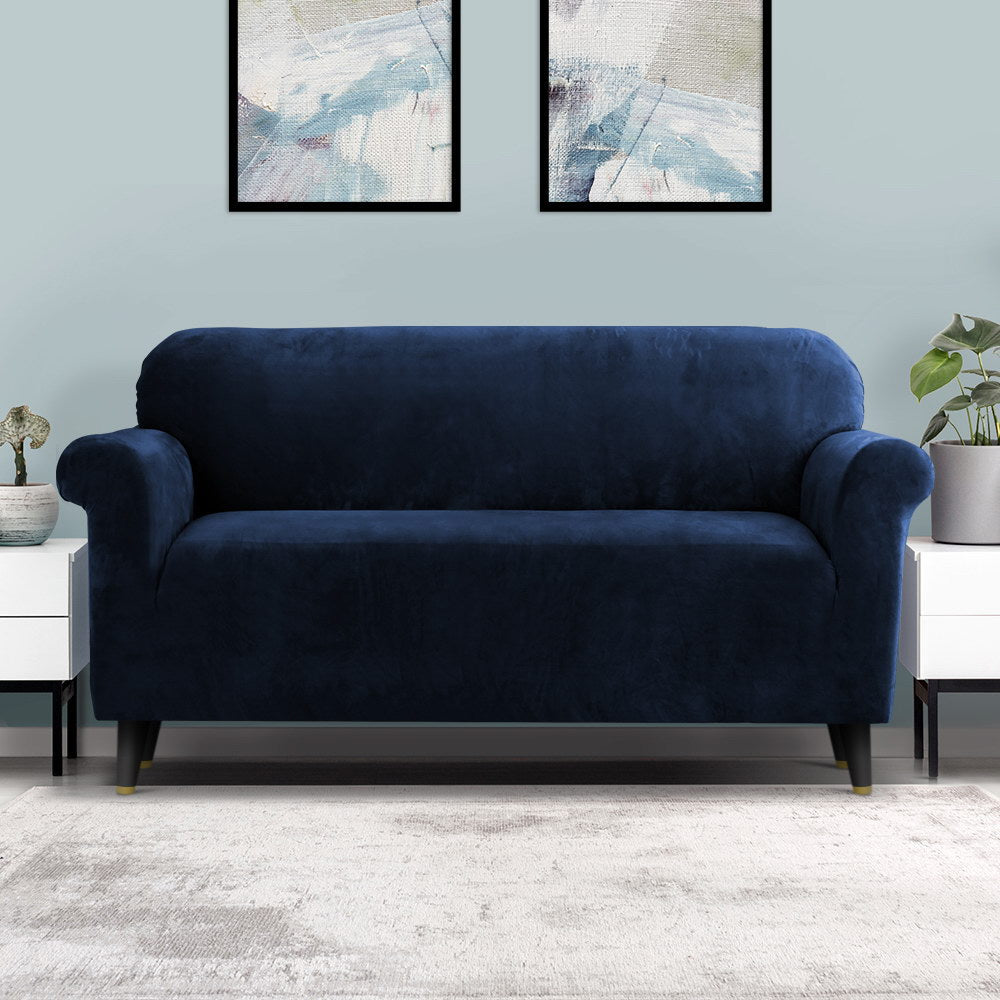 Artiss Velvet Sofa Cover in Sapphire color, showcasing its plush texture and stretchable design, perfect for 3-seater couches.