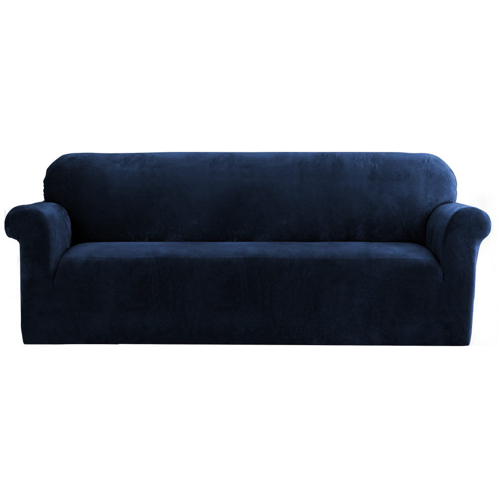 Artiss Velvet Sofa Cover in Sapphire color, showcasing its soft texture and snug fit on a 4-seater couch.