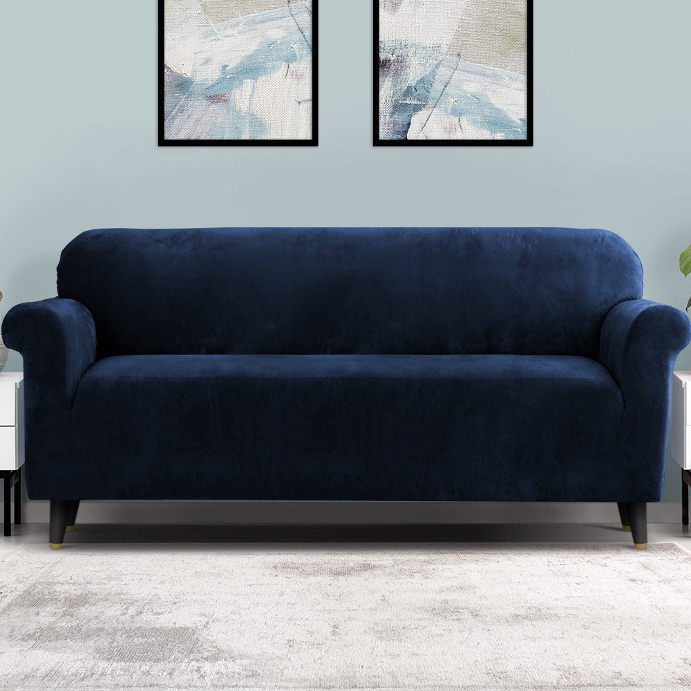 Artiss Velvet Sofa Cover in Sapphire color, showcasing its soft texture and snug fit on a 4-seater couch.