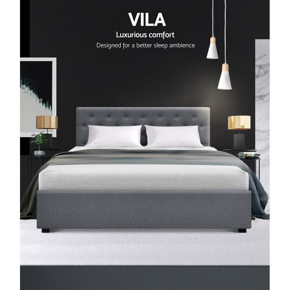 Artiss Vila Bed Frame in Grey with Gas Lift Storage and Tufted Headboard, showcasing its elegant design and sturdy construction.