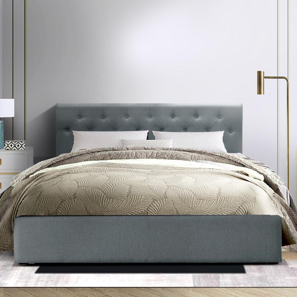 Artiss Vila Bed Frame in Grey with Gas Lift Storage and Tufted Headboard, showcasing its elegant design and sturdy construction.