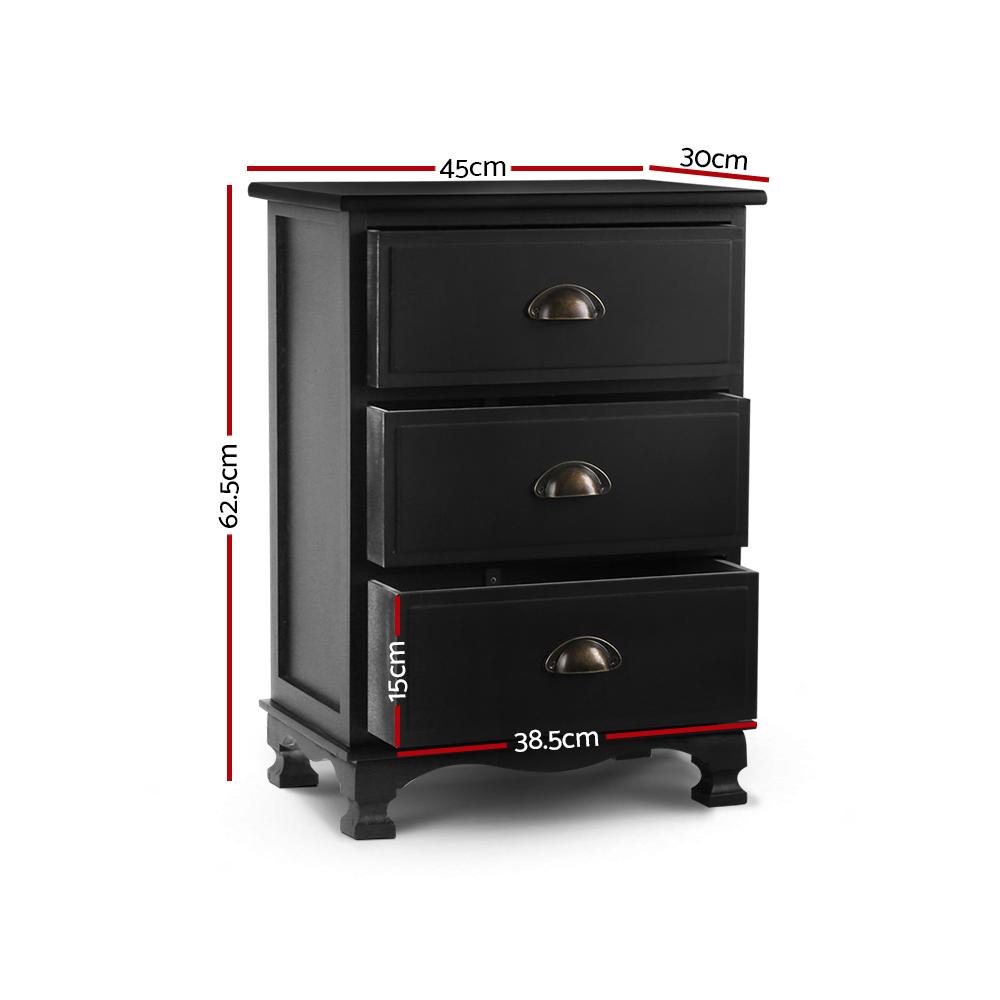 Artiss Vintage Bedside Table in Black with three drawers and vintage metal handles, showcasing its elegant design and sturdy construction.