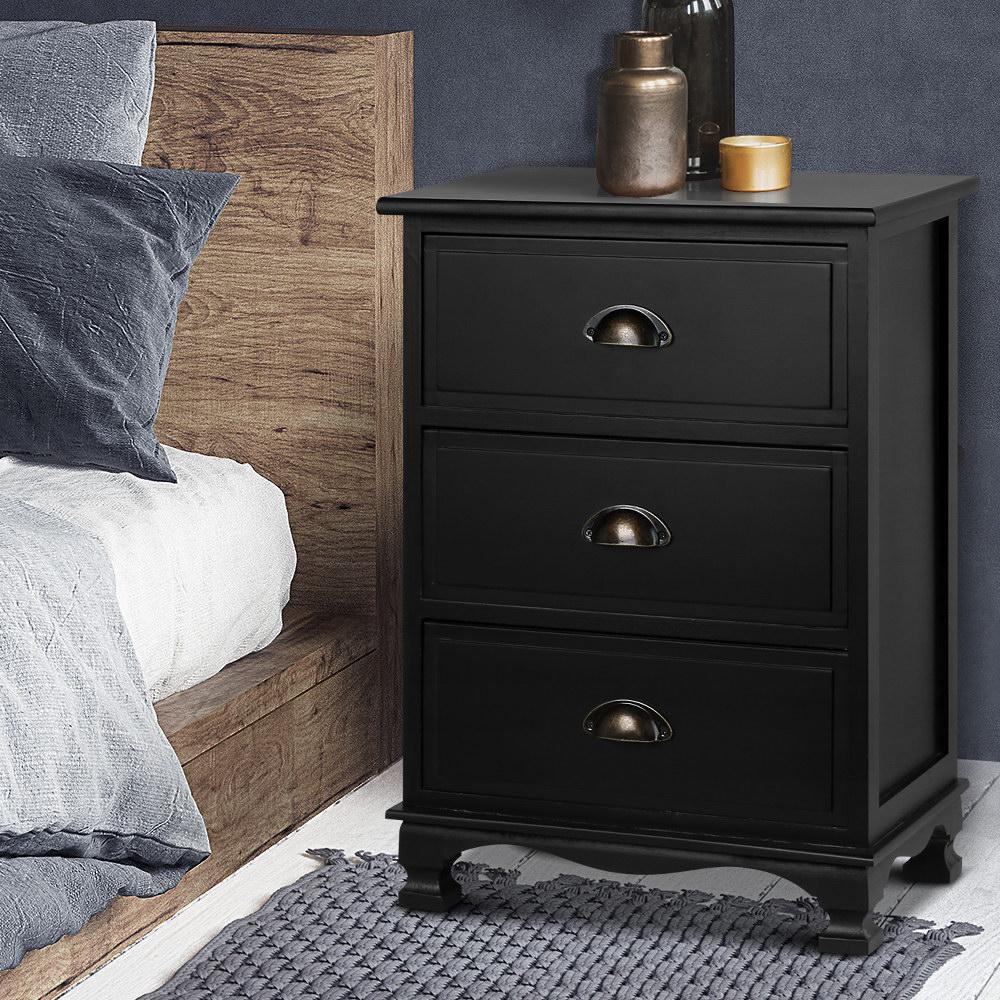 Artiss Vintage Bedside Table in Black with three drawers and vintage metal handles, showcasing its elegant design and sturdy construction.