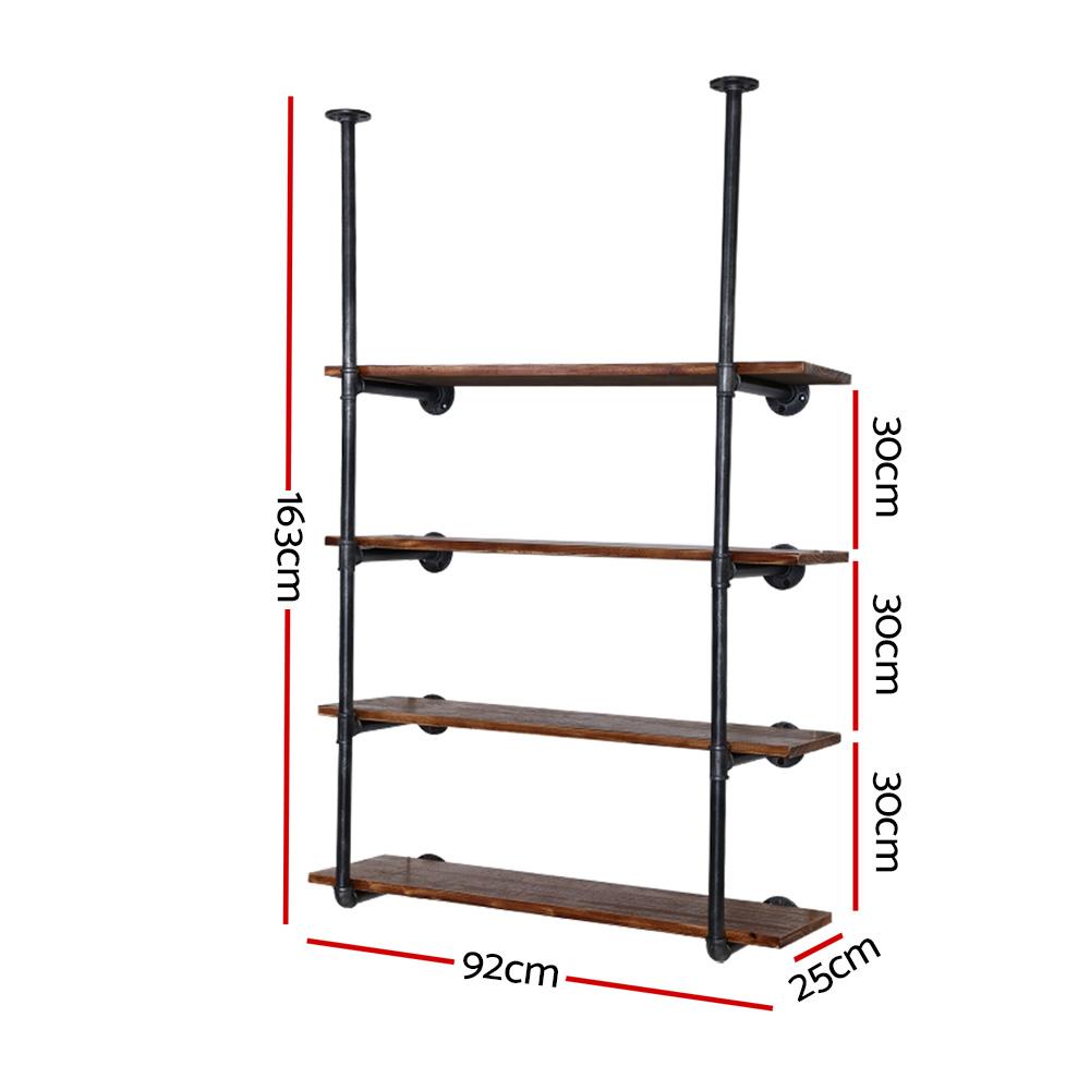 Artiss Wall Display Shelves featuring rustic industrial design with four levels of storage made from pine wood and metal pipes.