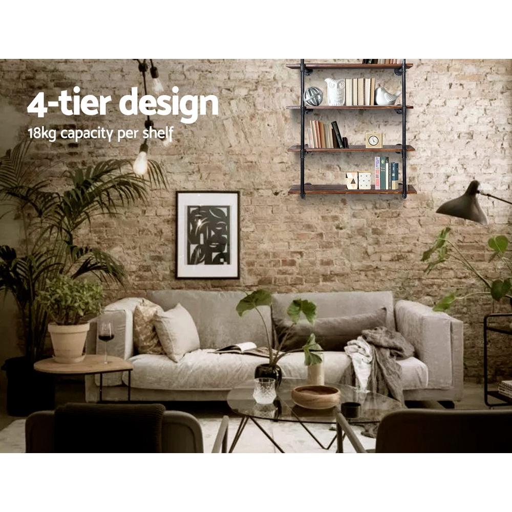 Artiss Wall Display Shelves featuring rustic industrial design with four levels of storage made from pine wood and metal pipes.