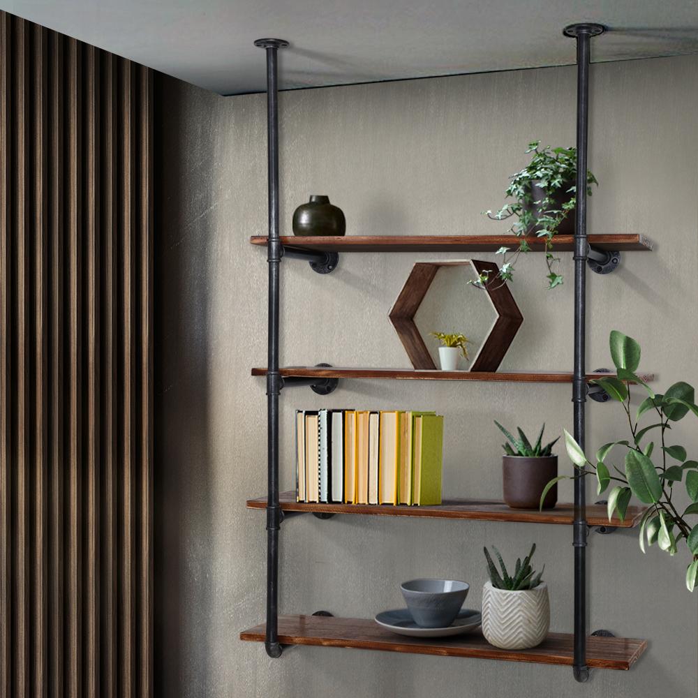 Artiss Wall Display Shelves featuring rustic industrial design with four levels of storage made from pine wood and metal pipes.