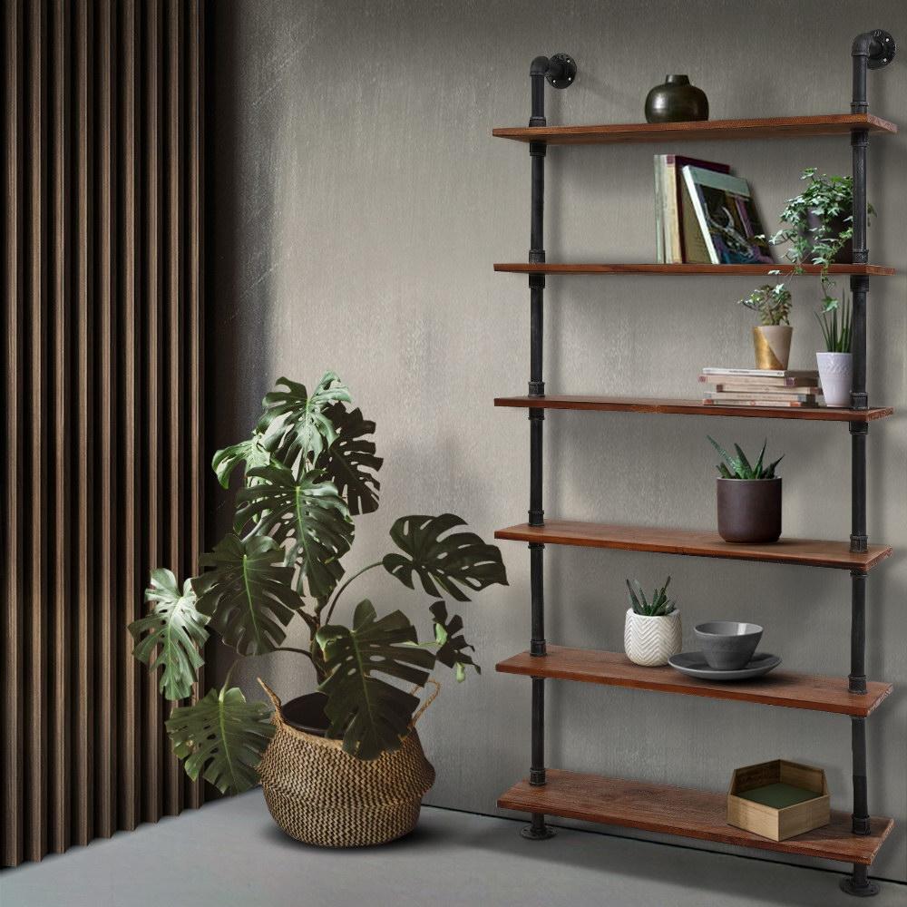 Artiss Wall Shelves Display Bookshelf featuring rustic vintage design with six levels made of metal pipes and solid timber, ideal for home and office use.