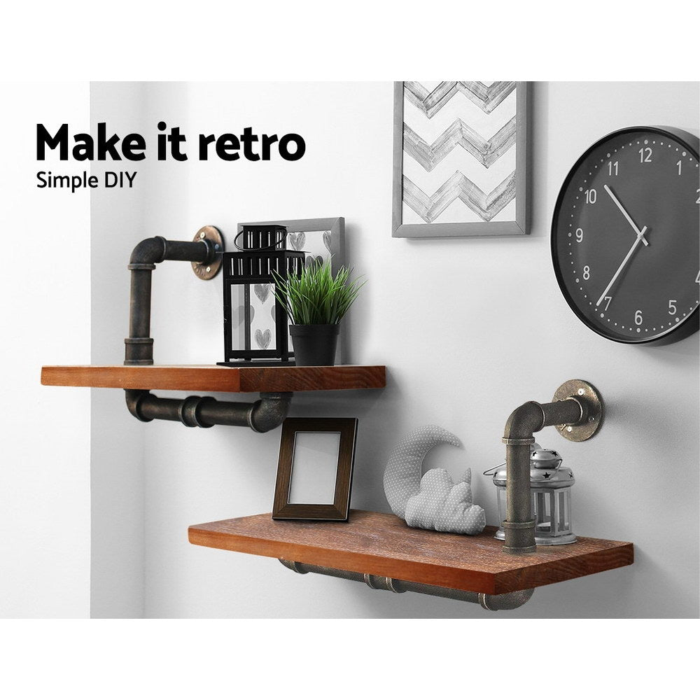 Artiss rustic wall shelves featuring industrial pipe design with solid timber planks, ideal for home and office decor.