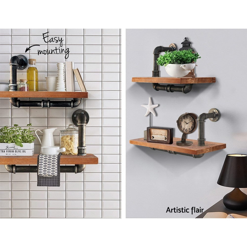 Artiss rustic wall shelves featuring industrial pipe design with solid timber planks, ideal for home and office decor.