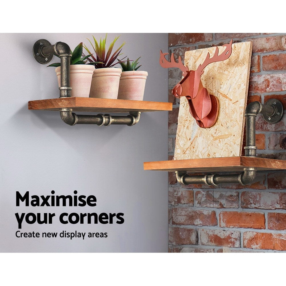 Artiss rustic wall shelves featuring industrial pipe design with solid timber planks, ideal for home and office decor.