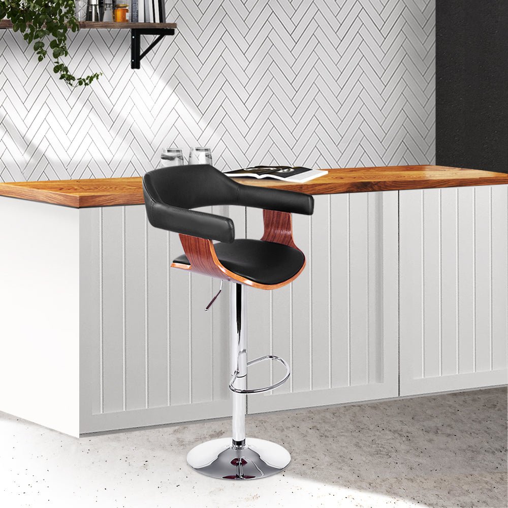 Artiss Wooden Bar Stool featuring a black PU leather seat and elegant wooden structure with a chrome gas lift base.