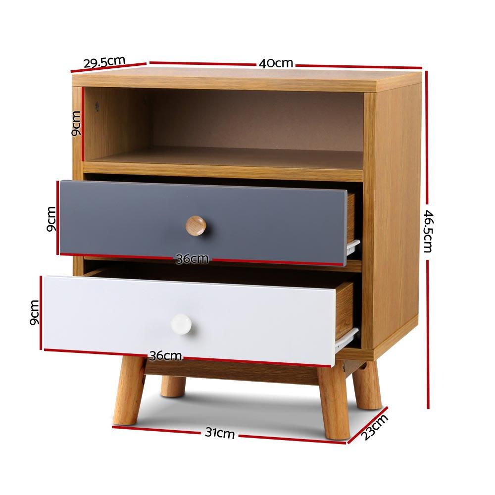 Artiss Wooden Bedside Table featuring Scandinavian design with tri-tone finish, two drawers, and open shelf, supported by sturdy rubber wood legs.