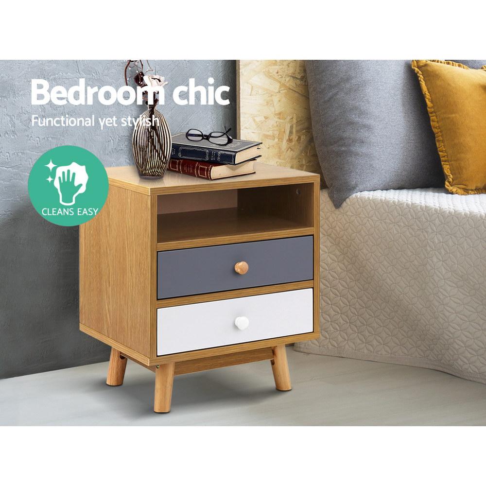 Artiss Wooden Bedside Table featuring Scandinavian design with tri-tone finish, two drawers, and open shelf, supported by sturdy rubber wood legs.