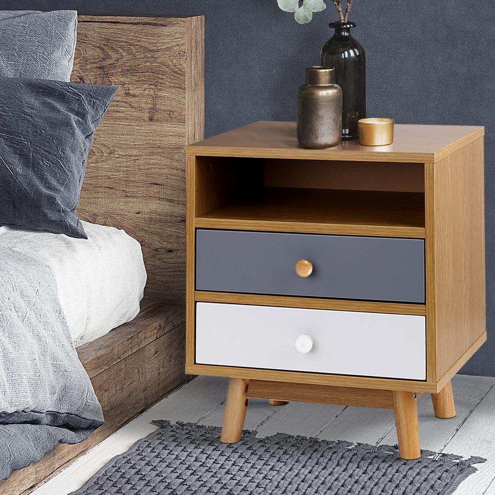 Artiss Wooden Bedside Table featuring Scandinavian design with tri-tone finish, two drawers, and open shelf, supported by sturdy rubber wood legs.