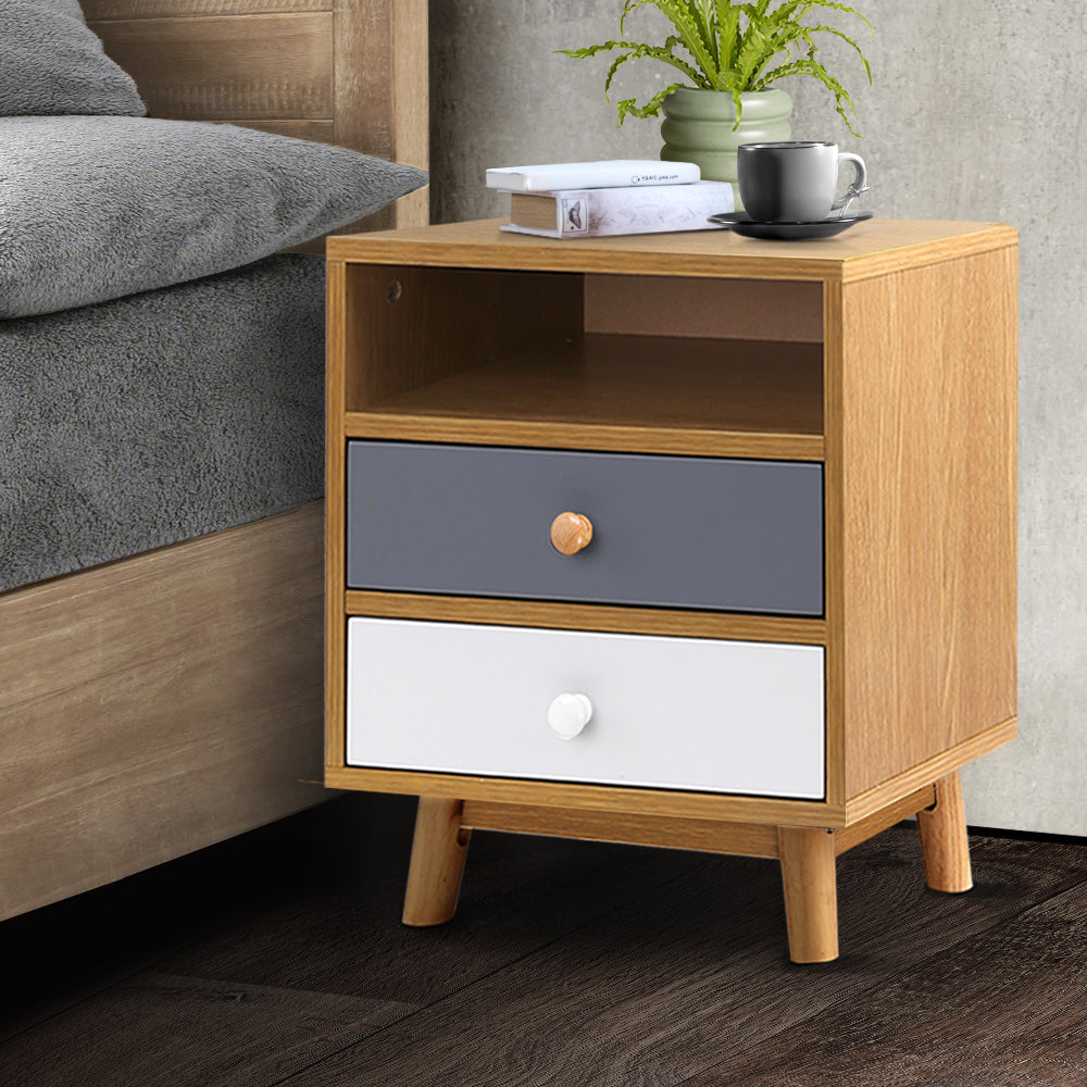 Artiss Wooden Bedside Table featuring Scandinavian design with tri-tone finish, two drawers, and open shelf, supported by sturdy rubber wood legs.