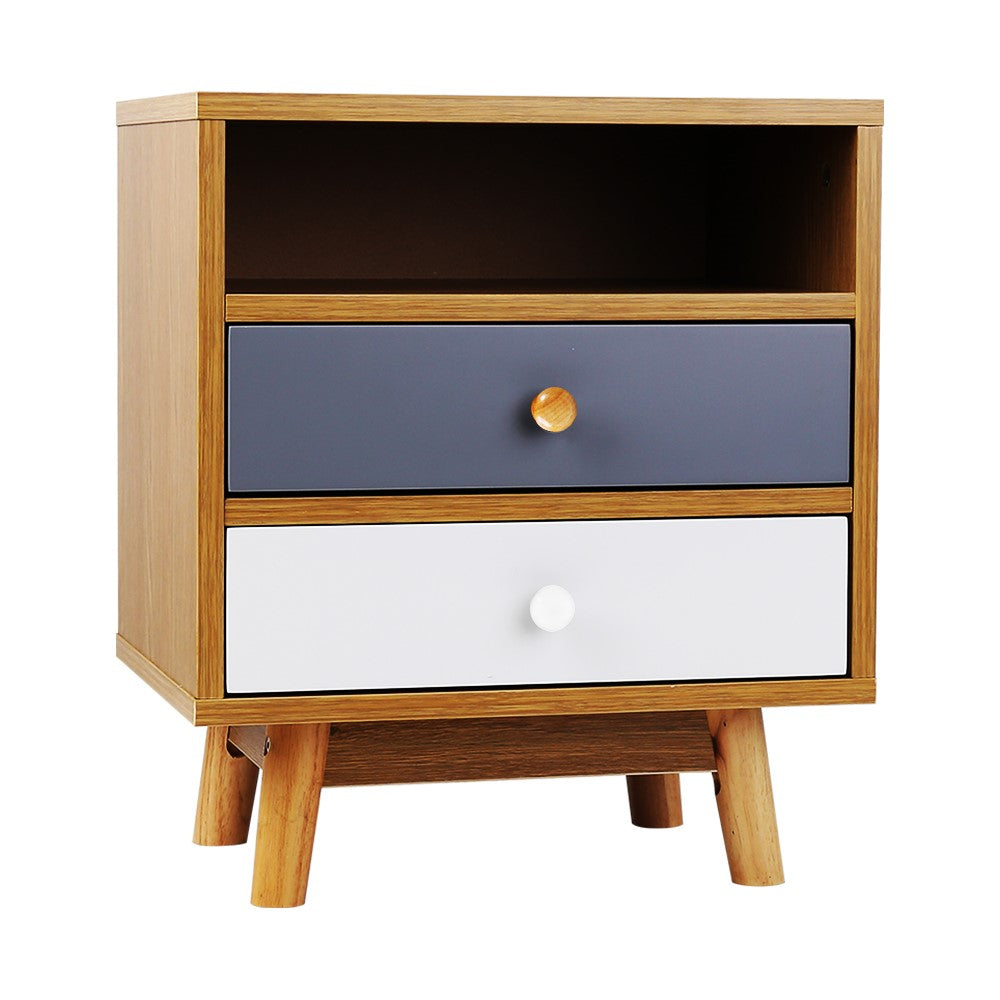 Artiss Wooden Bedside Table featuring Scandinavian design with tri-tone finish, two drawers, and open shelf, supported by sturdy rubber wood legs.