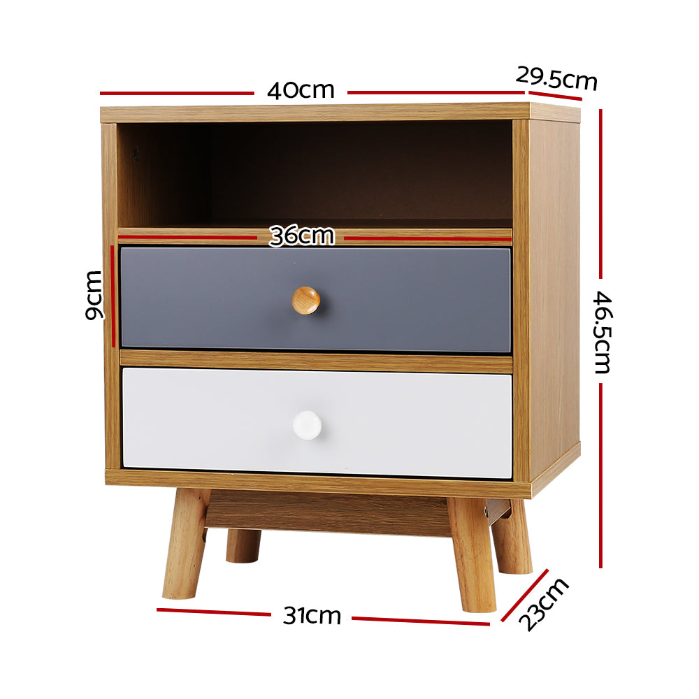 Artiss Wooden Bedside Table featuring Scandinavian design with tri-tone finish, two drawers, and open shelf, supported by sturdy rubber wood legs.