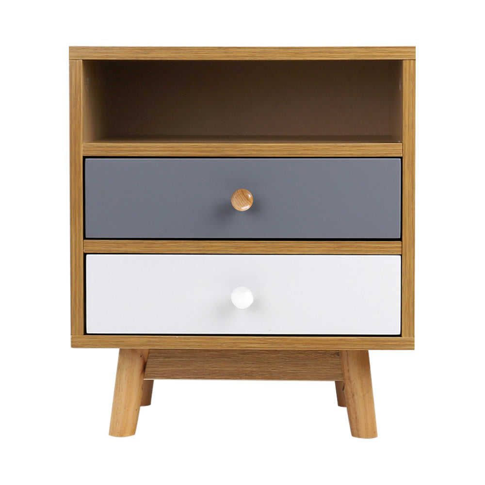 Artiss Wooden Bedside Table featuring Scandinavian design with tri-tone finish, two drawers, and open shelf, supported by sturdy rubber wood legs.