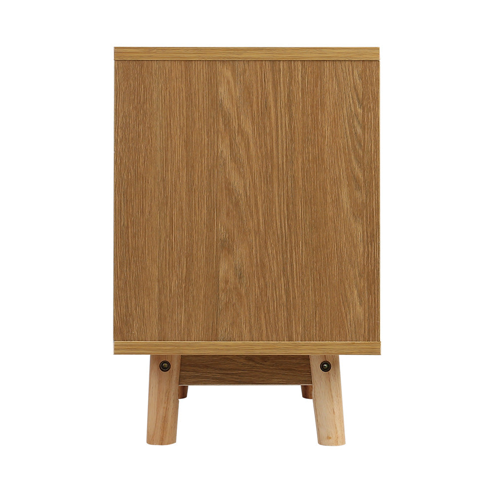 Artiss Wooden Bedside Table featuring Scandinavian design with tri-tone finish, two drawers, and open shelf, supported by sturdy rubber wood legs.