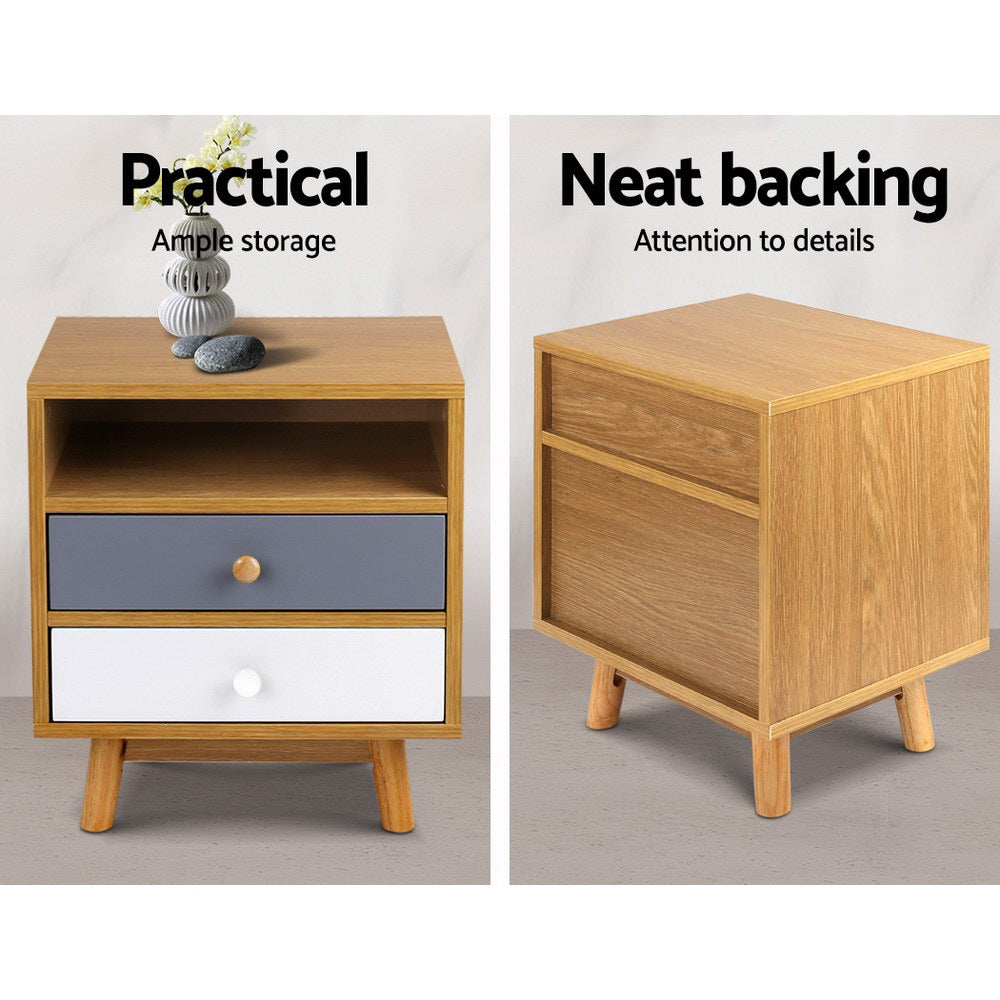 Artiss Wooden Bedside Table featuring Scandinavian design with tri-tone finish, two drawers, and open shelf, supported by sturdy rubber wood legs.