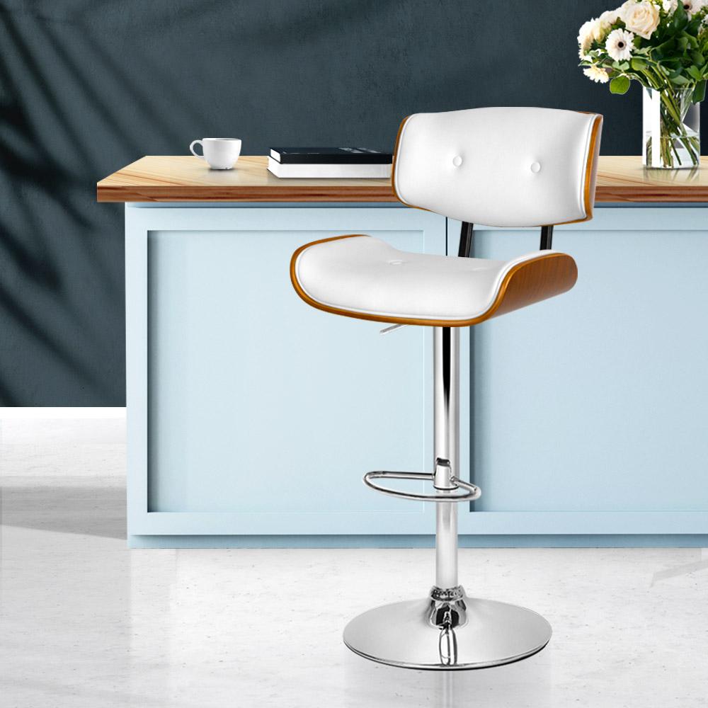 Artiss Wooden Gas Lift Bar Stool featuring a white PU leather seat and a chrome base, showcasing its elegant design and sturdy construction.