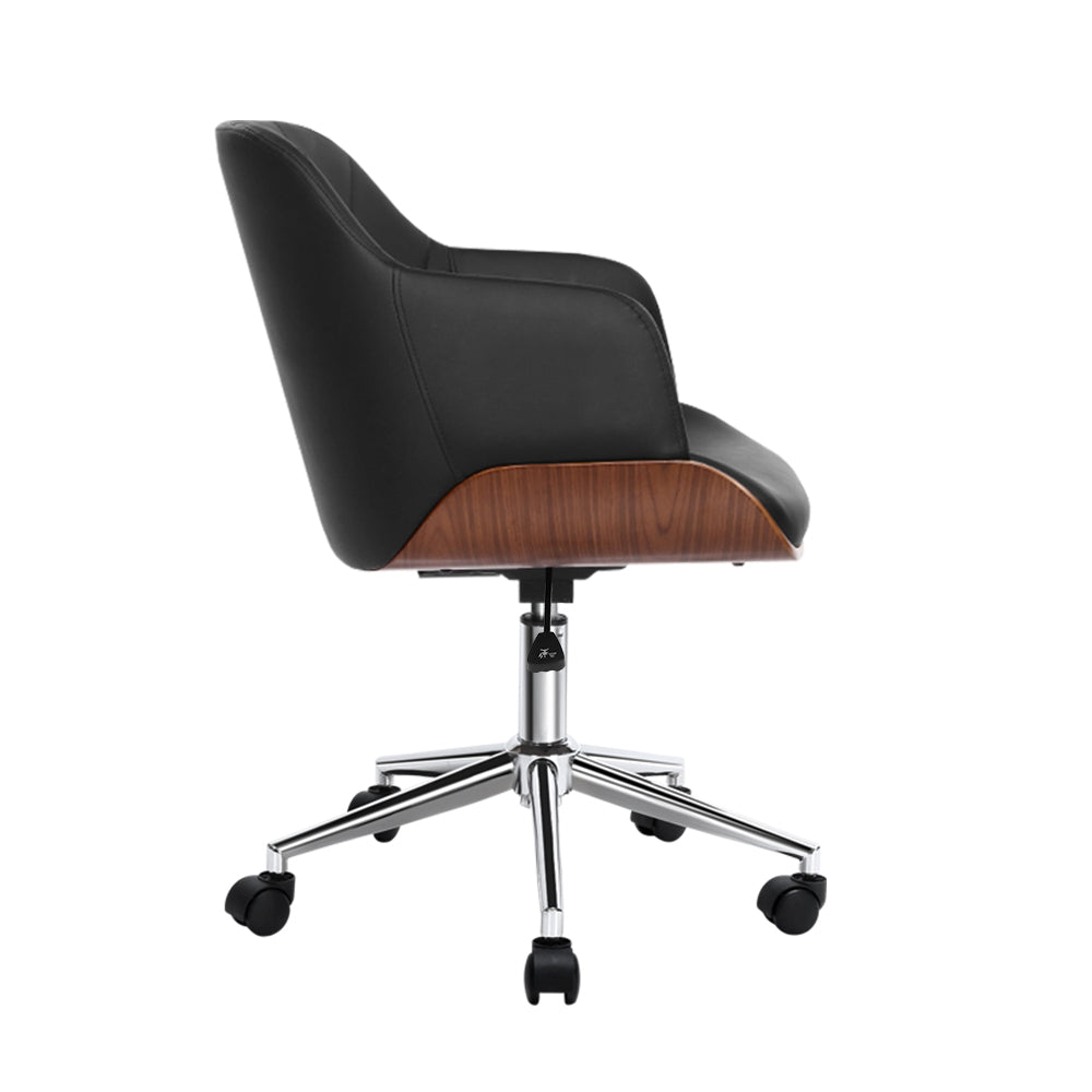 Artiss Wooden Office Chair featuring a stylish wooden frame, premium PU leather upholstery, and a chrome base with castor wheels.