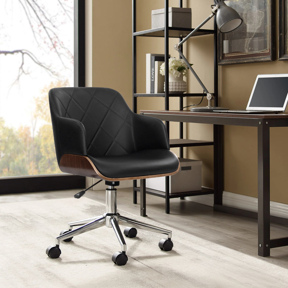 Artiss Wooden Office Chair featuring a stylish wooden frame, premium PU leather upholstery, and a chrome base with castor wheels.