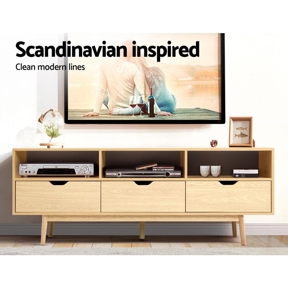 Artiss Wooden Scandinavian Entertainment Unit in Natural finish with tapered rubber wood legs and multiple storage options.