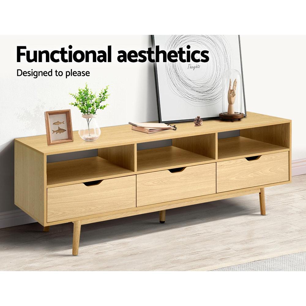 Artiss Wooden Scandinavian Entertainment Unit in Natural finish with tapered rubber wood legs and multiple storage options.