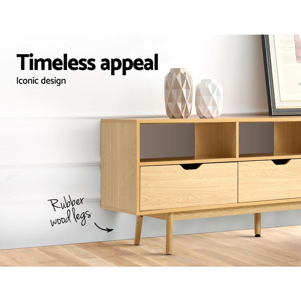 Artiss Wooden Scandinavian Entertainment Unit in Natural finish with tapered rubber wood legs and multiple storage options.