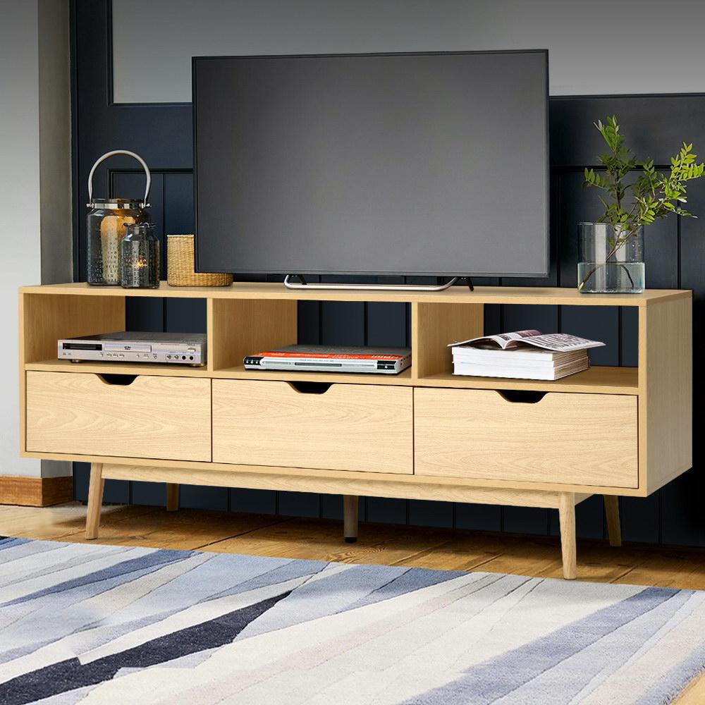 Artiss Wooden Scandinavian Entertainment Unit in Natural finish with tapered rubber wood legs and multiple storage options.