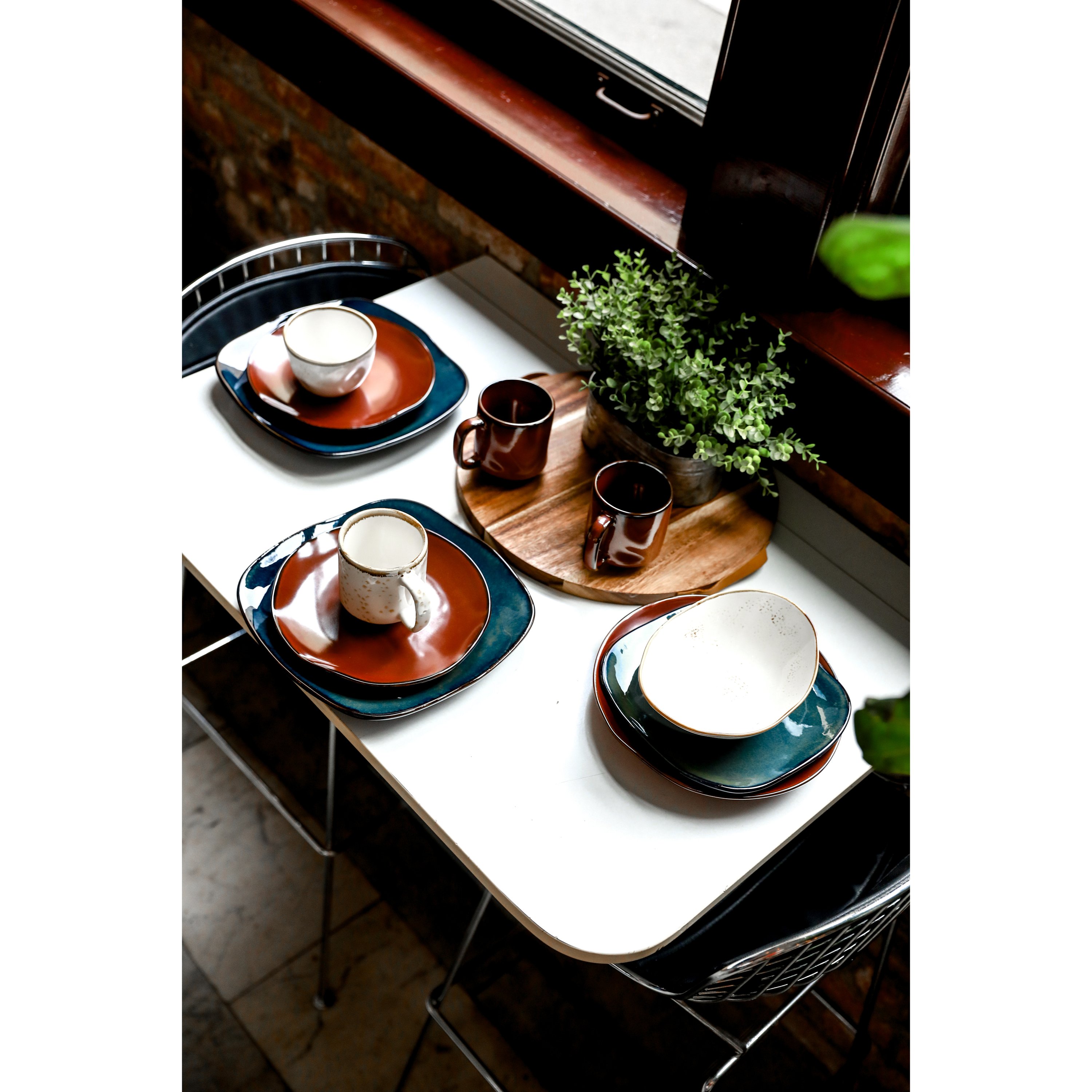 Artisan 5-Piece Place Setting featuring a big plate, small plate, angled bowl, mini bowl, and stackable mug in various colors.