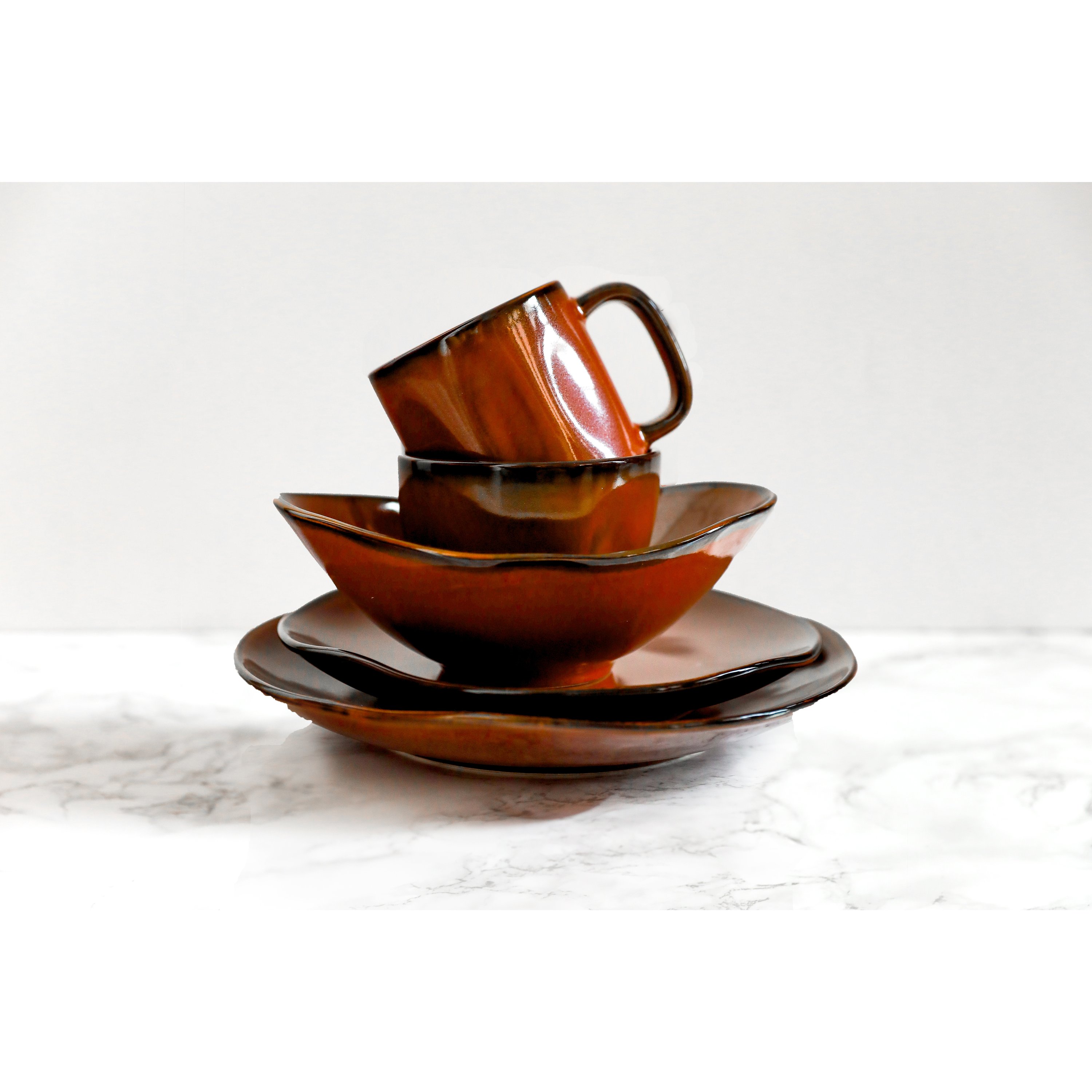 Artisan 5-Piece Place Setting featuring a big plate, small plate, angled bowl, mini bowl, and stackable mug in various colors.